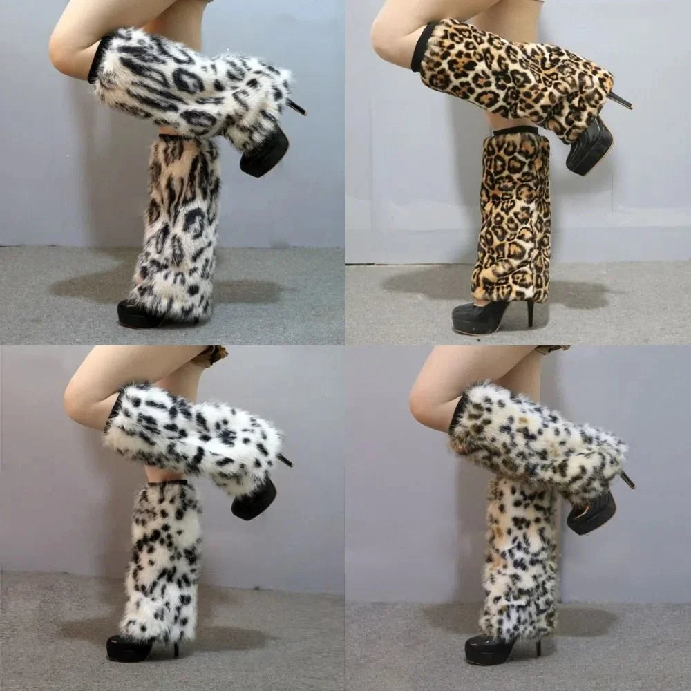 Faux Fur Leopard Leg Warmers – Thick Y2K Long Tube Plush Stockings Japanese Lolita JK Boots Cover