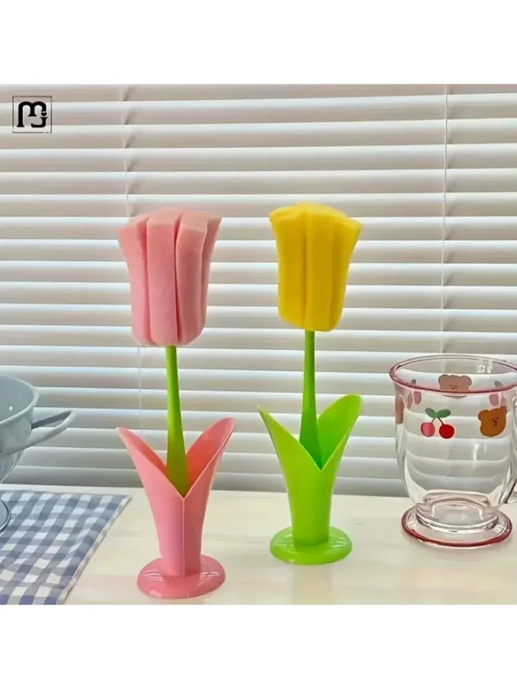 Tulip Cup Brush with Detachable Sponge Head – Long Handle Bottle & Glass Cleaning Brush Durable Kitchen Cleaning Tool