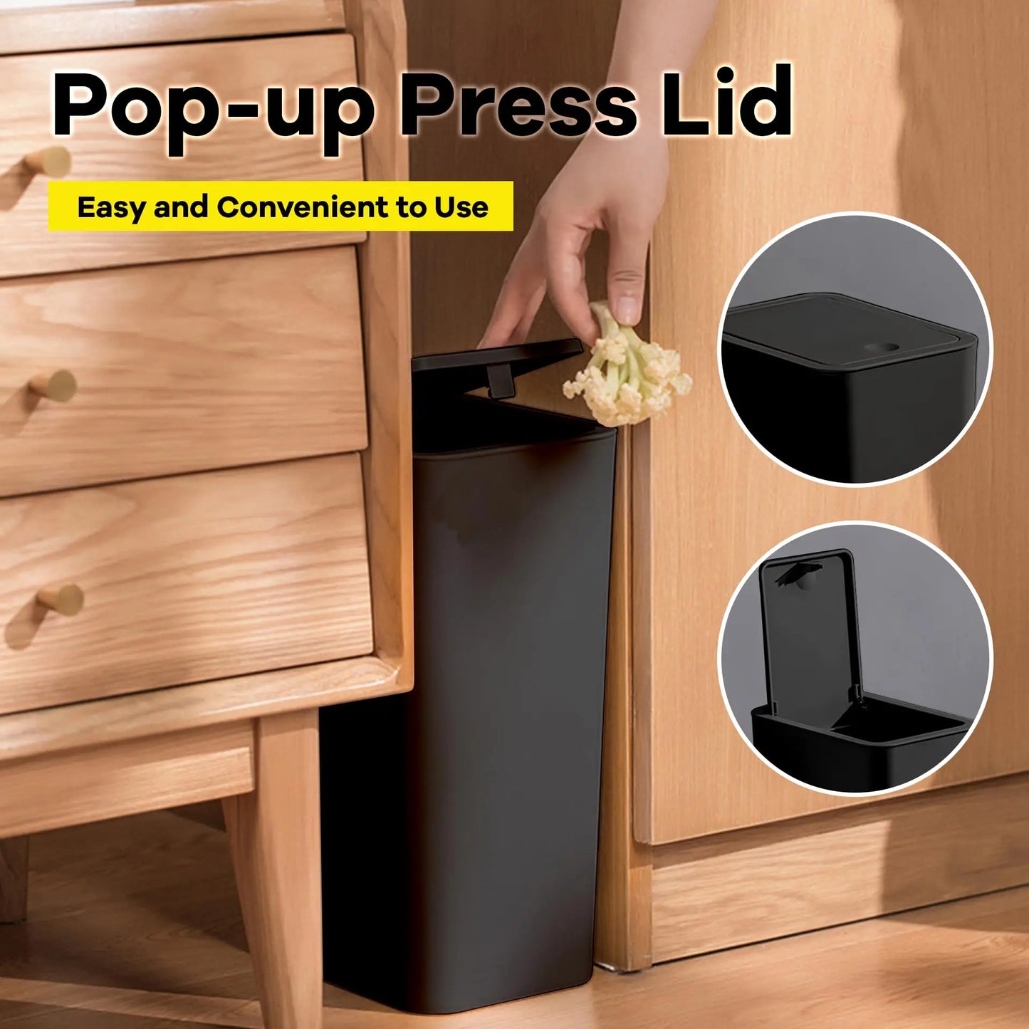 10L Bathroom Trash Can with Press Top Lid – Small Plastic Garbage Bin for Toilet, Bedroom & Living Room