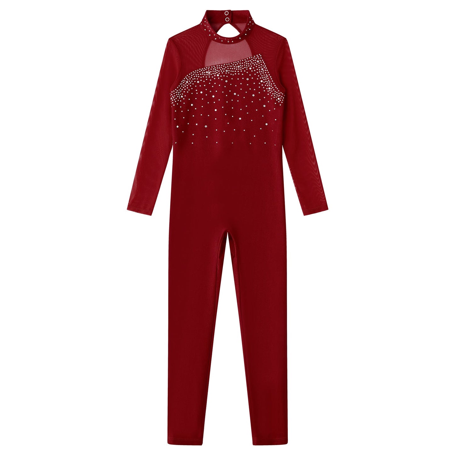 Kids Girls Long Sleeve Rhinestone Bodysuit — Full Body Dancewear Gymnastics Leotard Skating Jumpsuit