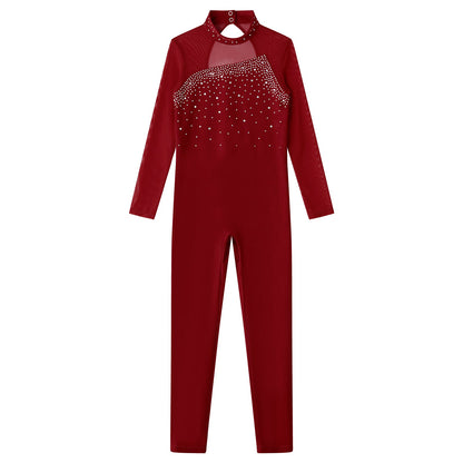 Kids Girls Long Sleeve Rhinestone Bodysuit — Full Body Dancewear Gymnastics Leotard Skating Jumpsuit