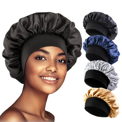 Women's Satin Wide-Brimmed Bonnet – Unisex Night Sleeping & Bathing Head Wrap with Elastic Band for Hair Care