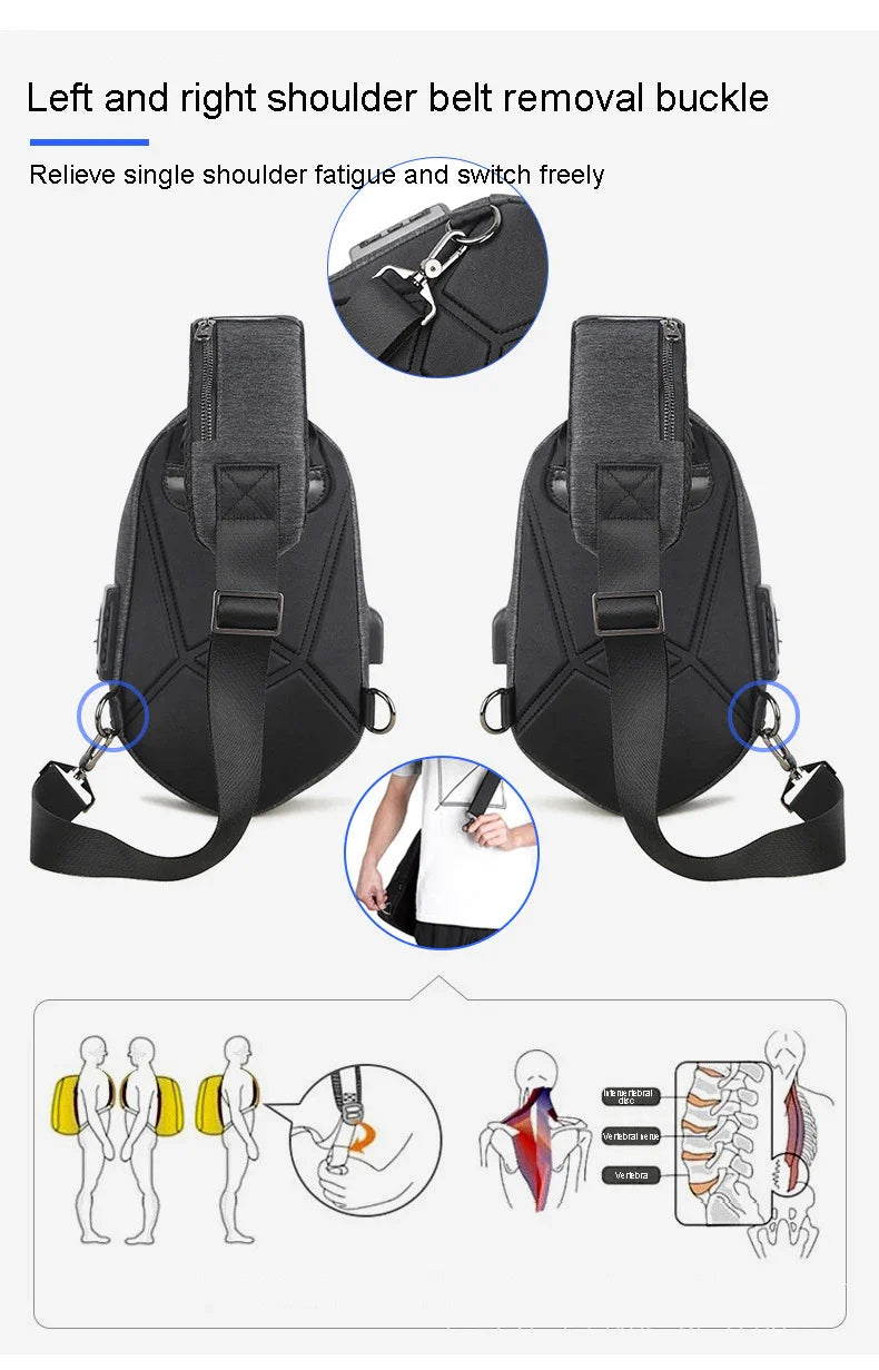 Running Chest Bag for Men - USB Charging Fashion Sling Pack, Crossbody Motor Cycling Backpack for College Students, Unisex