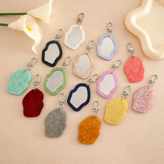 Mini Resin Makeup Mirror Keychain - Irregular Portable Touch-Up Mirror Bag Charm for Purses & Backpacks