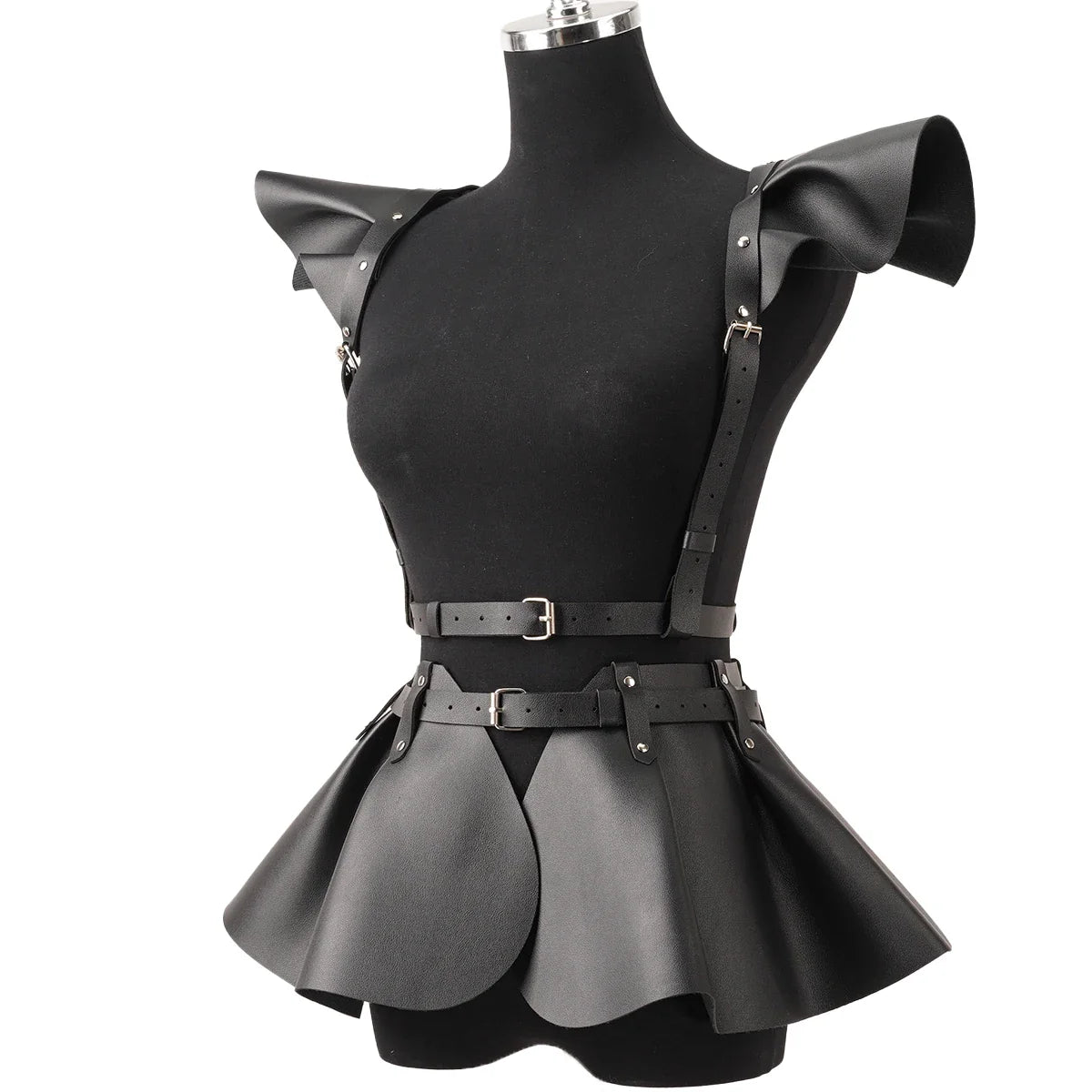 Women’s Gothic Leather Harness Skirt Belt with Ruffle Hem, Fashion Waist & Shoulder Body Harness Clothing Accessory