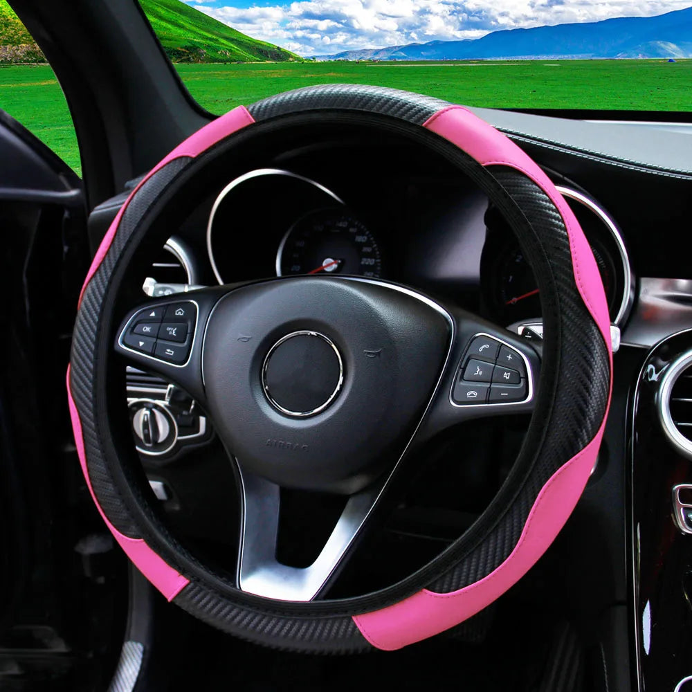 PU Carbon Fiber Leather Steering Wheel Cover — No Inner Ring, Fits 14.5-15 Inch Cars