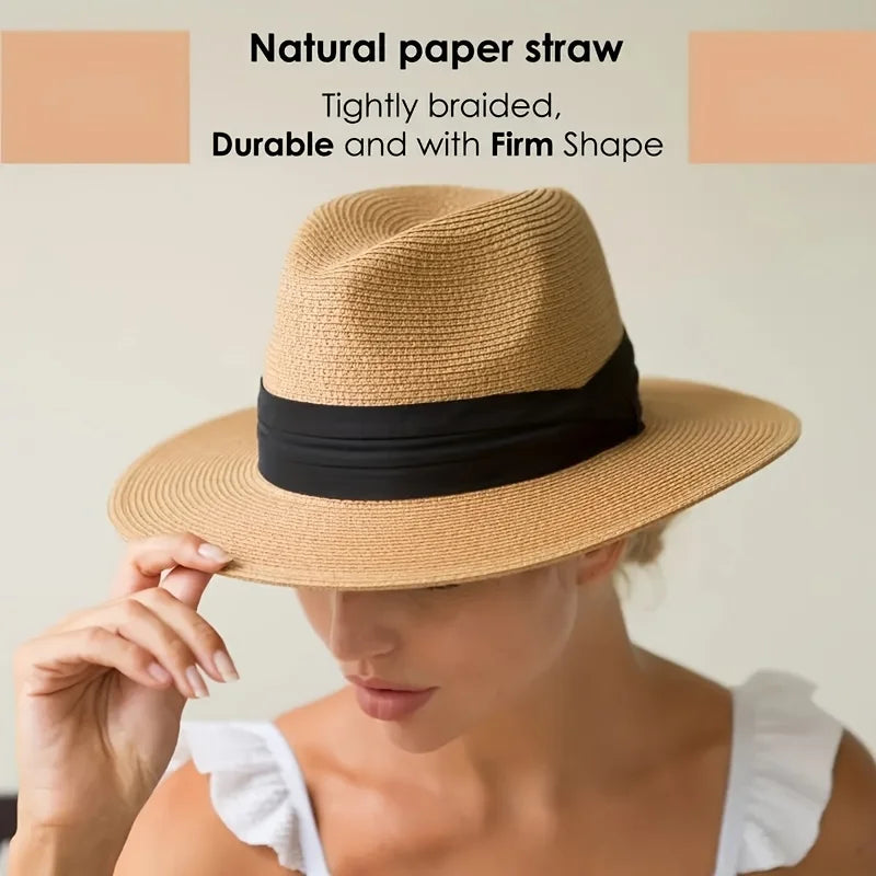 Unisex Straw Fedora Hat - Summer Beach Ribbon Jazz Style Sun Hat for Men & Women