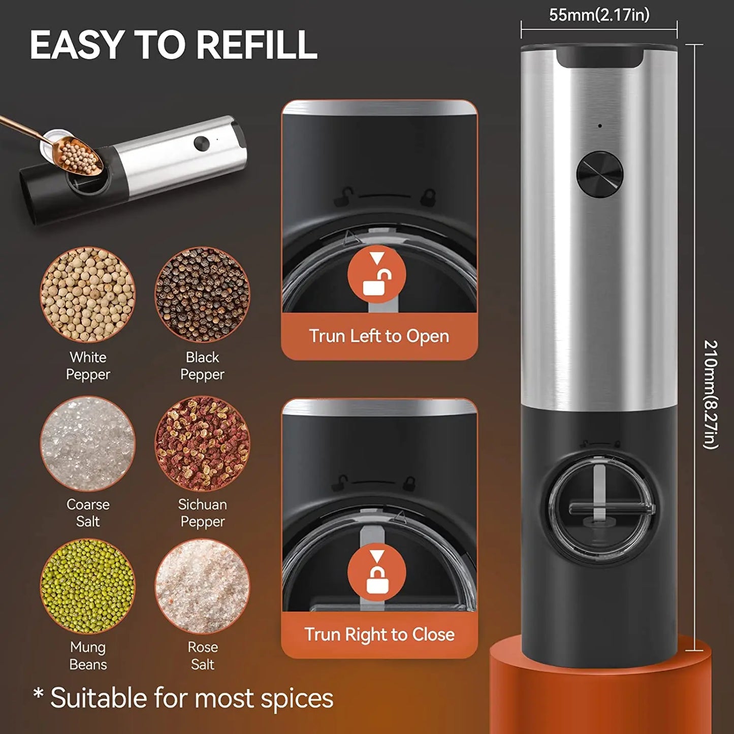 USB Rechargeable Electric Salt and Pepper Grinder: Adjustable Coarseness, Refillable Mill - Battery Powered Kitchen Gadget