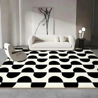 Light Luxury Black & White Plaid Rug — Fluffy Soft Carpet for Bedroom, Living Room, Study, and Home Decor