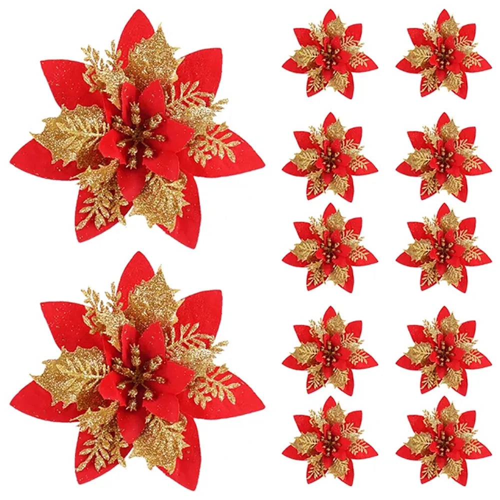 Glitter Artificial Christmas Flowers – 14.5cm Pink, Red & Gold Tree Ornaments for Holiday Home Decor