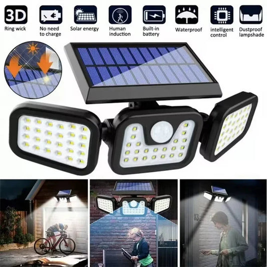 Outdoor Solar LED Motion Sensor Wall Light, Adjustable 3-Head Human Body Sensing Lamp, IP65 Waterproof Garden Security Light