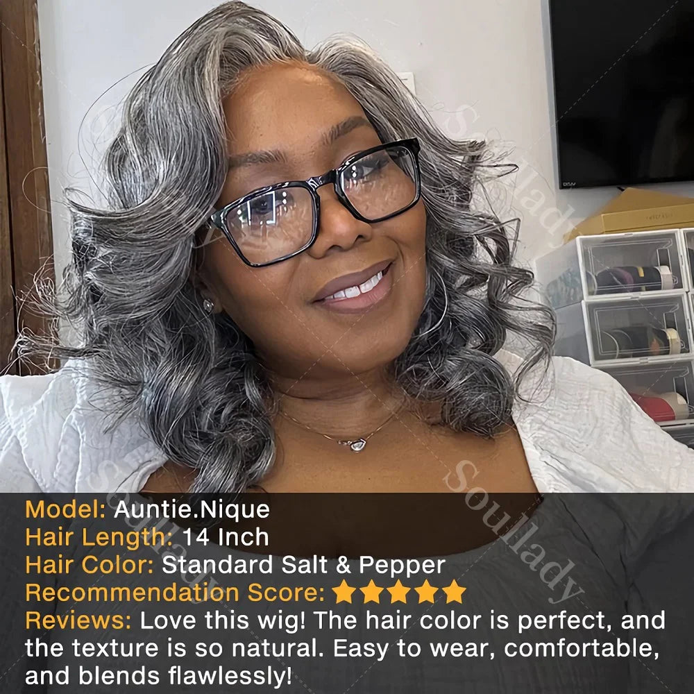 Soul Lady Salt & Pepper 5x5 Glueless HD Lace Closure Wig – Body Wave Bob, Silver Grey Loose Wave Human Hair for Black Women