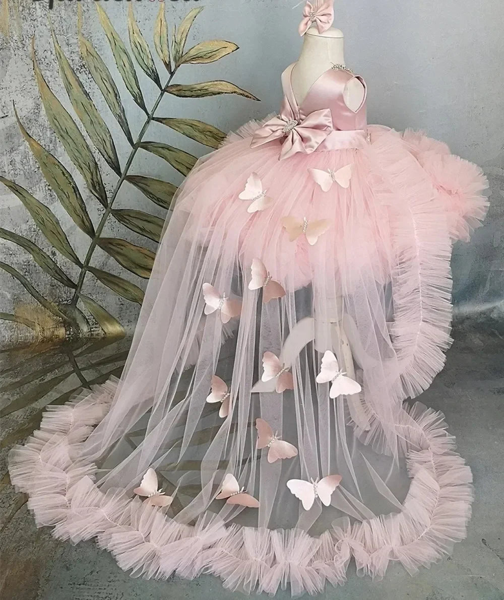 Pink Flower Girl Dress with Train - Puffy Bow Birthday and First Communion Dress