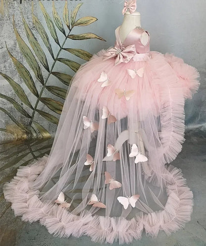 Pink Flower Girl Dress with Train - Puffy Bow Birthday and First Communion Dress
