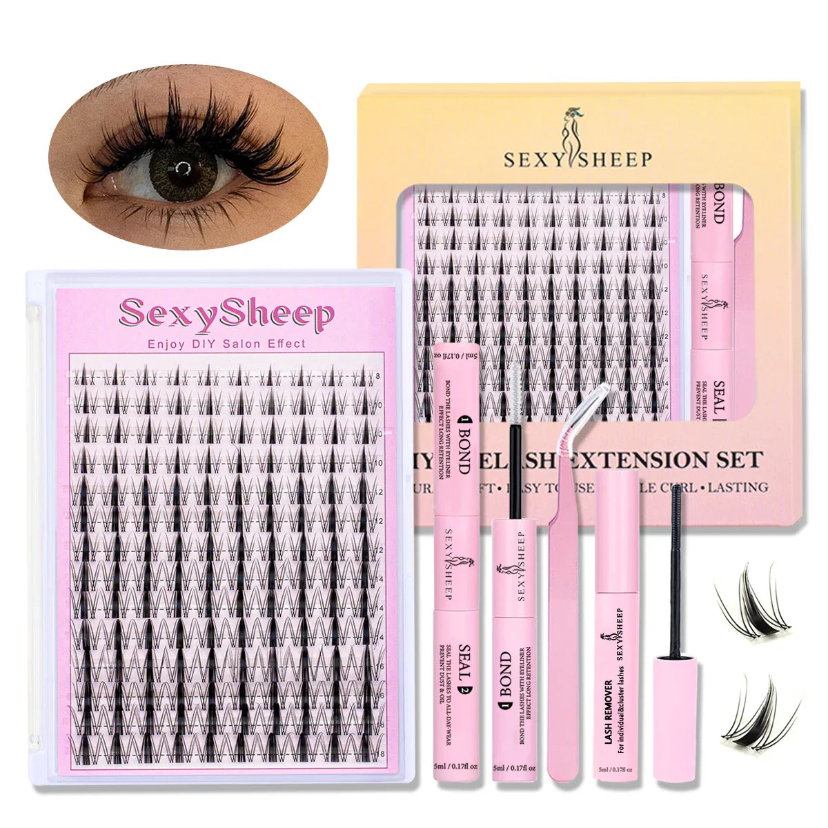 DIY Eyelash Extension Kit – D Curl Natural Lash Clusters Set with Bond, Seal, Remover & Tweezers for False Lash Application