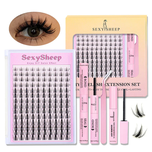 DIY Eyelash Extension Kit – D Curl Natural Lash Clusters Set with Bond, Seal, Remover & Tweezers for False Lash Application