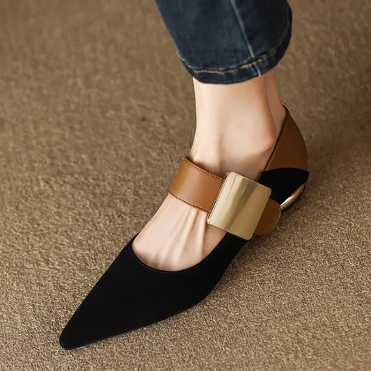 2023 Spring Women’s Suede High Thick Heel Pumps – Black & Apricot Square Toe with Metal Decoration, Elegant Lady Shoes