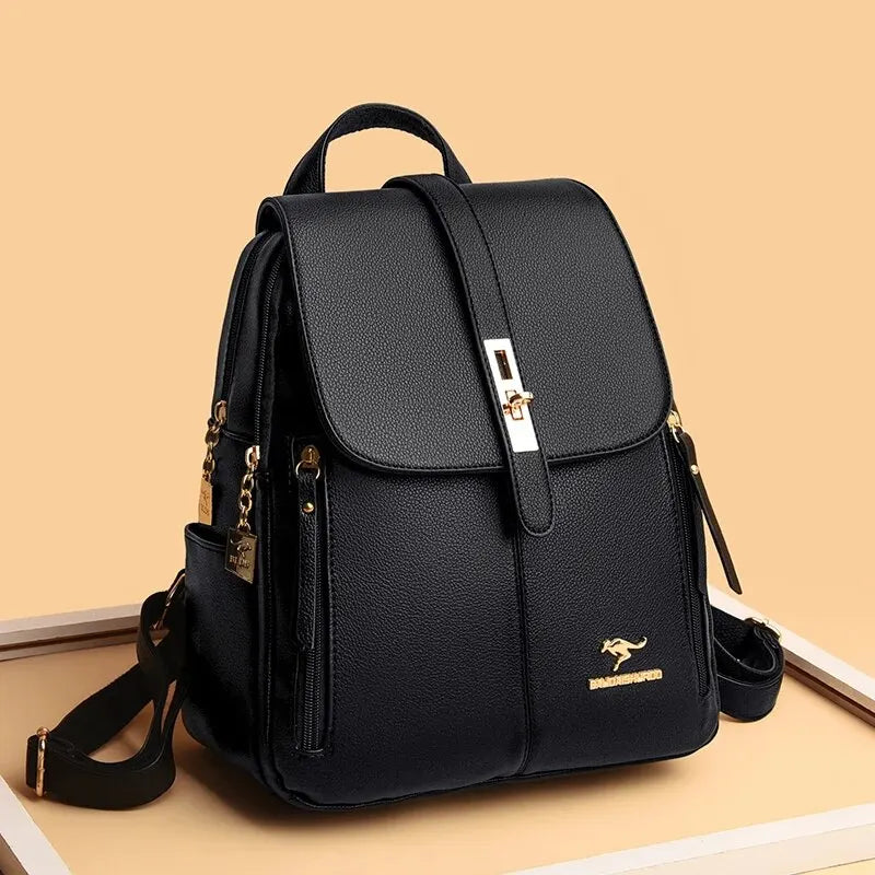Luxury Women’s Leather Backpack - Black Vintage Casual Daypack, School Bag, and Rucksack for Girls