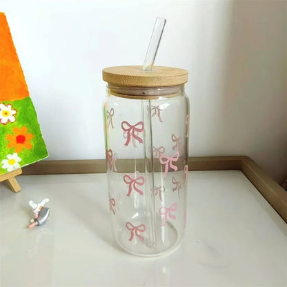 500ml Pink Bow Glass Tumbler with Lid & Straw - Cute Cup for Iced Coffee, Matcha, Smoothies & Juice
