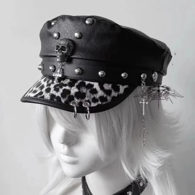 Women’s Punk PU Leather Beret Hat – Vintage Flat Top Military Style Cap for Outdoor Casual Wear & Street Fashion Accessories