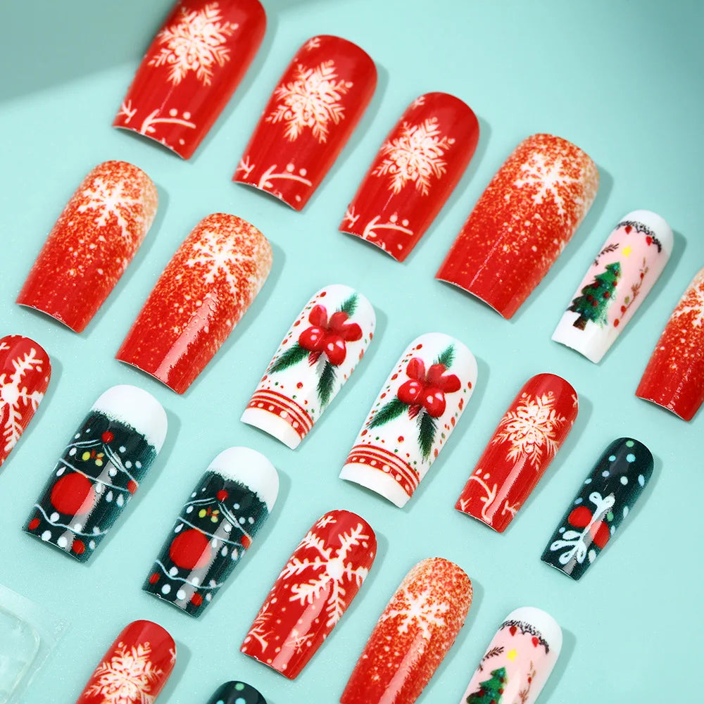 Medium Long Christmas Fake Nails – Square & Almond Tips with Tree, Snowflake & Snowman Designs