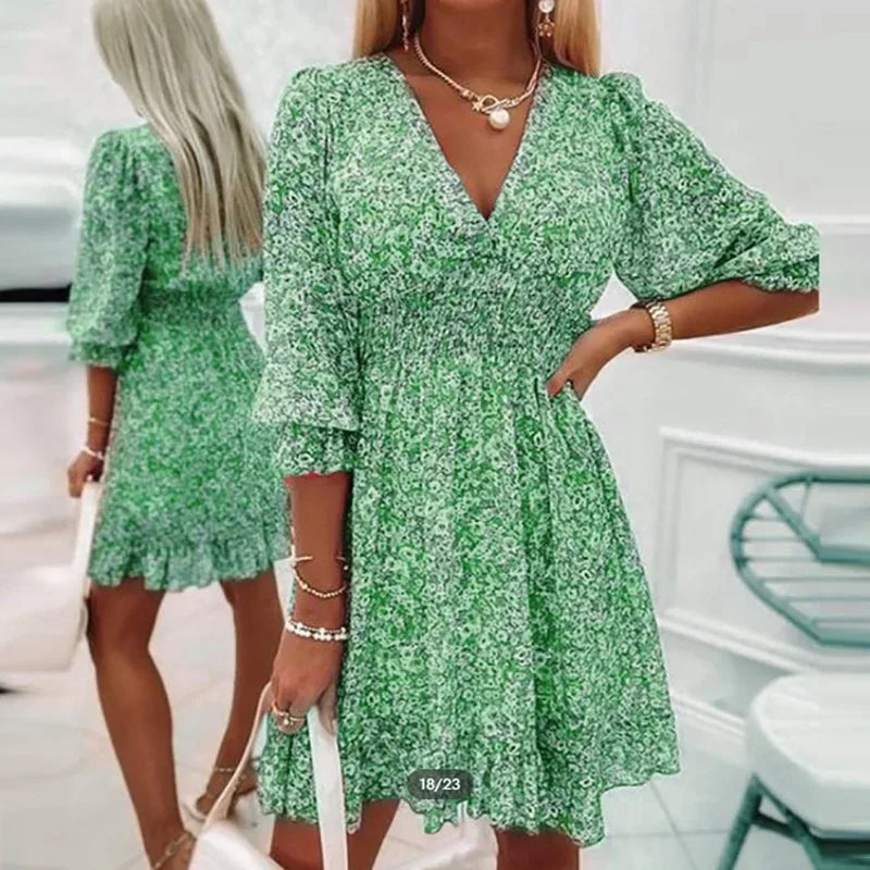 Women’s Summer Floral Midi Dress - Casual Bohemian Printed Short Sleeve Waist-Fitted Pullover Dress