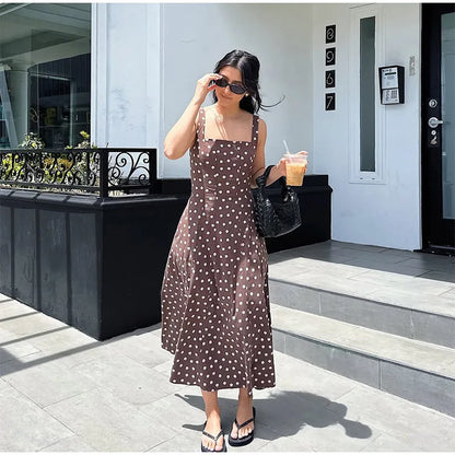 Elegant Women’s Polka Dot Maxi Dress – Chic Sleeveless Round Neck High Waist Slim Fit Vestido for Party & Street, 2025 New