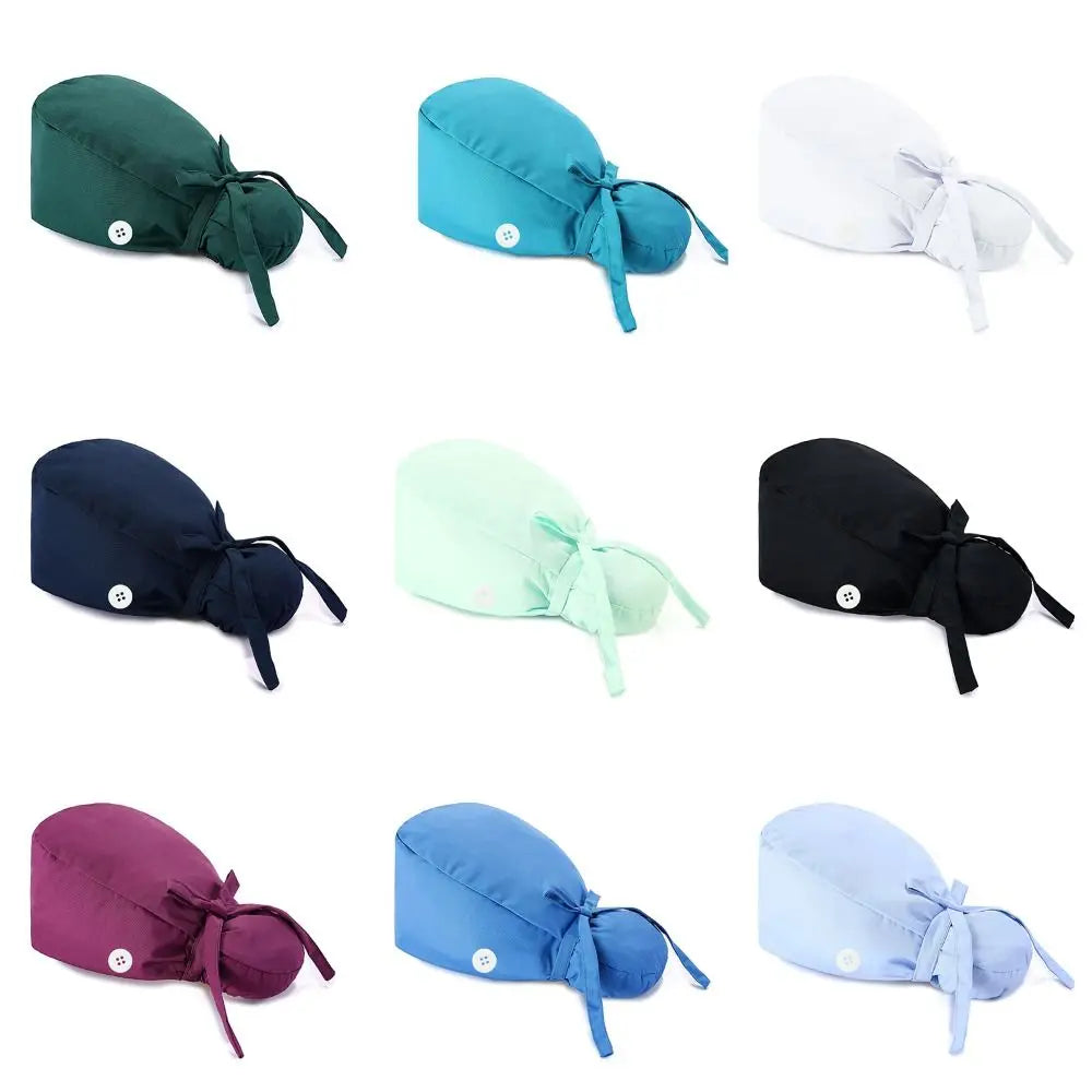 Adjustable Surgical Scrub Cap with Buttons – Ponytail Bouffant Nursing Turban Hat for Women & Men