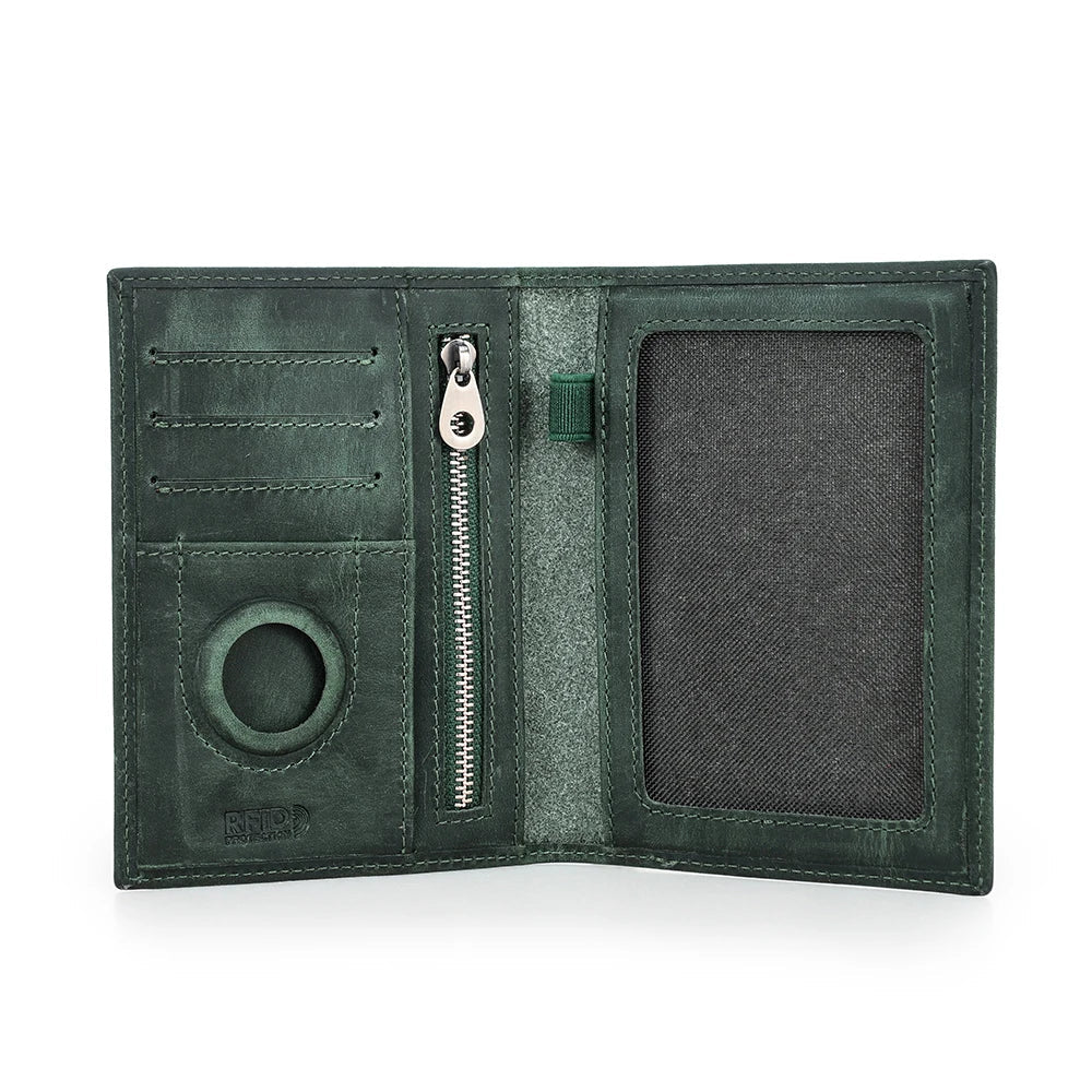 Genuine Cow Leather Passport Holder with AirTag Case – RFID Blocking Travel Wallet with Pen, Card Holder & Anti-Lost Pocket