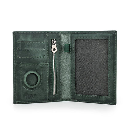 Genuine Cow Leather Passport Holder with AirTag Case – RFID Blocking Travel Wallet with Pen, Card Holder & Anti-Lost Pocket