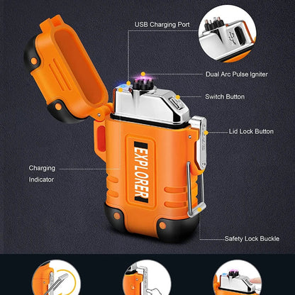 Waterproof USB Rechargeable Double Arc Plasma Lighter – Windproof Flameless Lighter for Outdoor Camping & Smoking Accessories