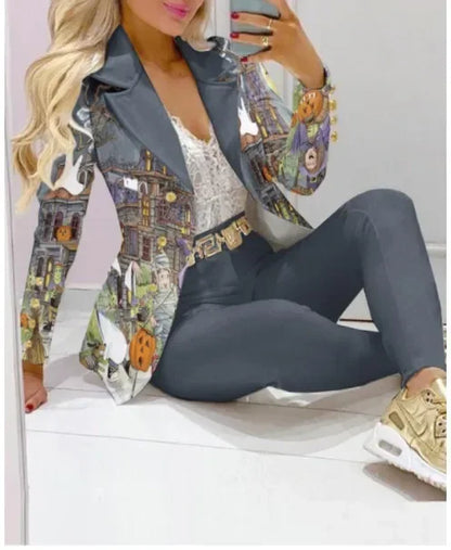 CM.YAYA Women’s Paisley Butterfly Blazer & Pants Set – Elegant 2-Piece Autumn Winter Street Style Outfit