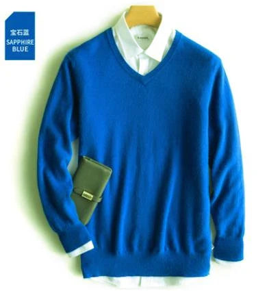 Men’s Classic V-Neck Pullover Sweater – 2024 Autumn Winter Cashmere-Cotton Blend Warm Jumper