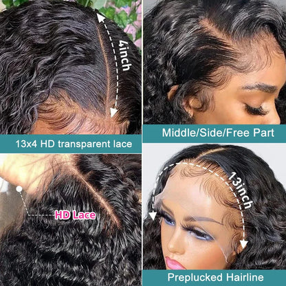 250 Density 13x6 HD Transparent Lace Frontal Wig – Deep Water Wave Curly, 30-34 Inch Human Hair for Women