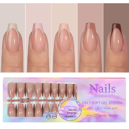 150pcs Fake Almond French Nails – Multi-Size Press-On Acrylic Nails in 6 Colors, Removable & Convenient