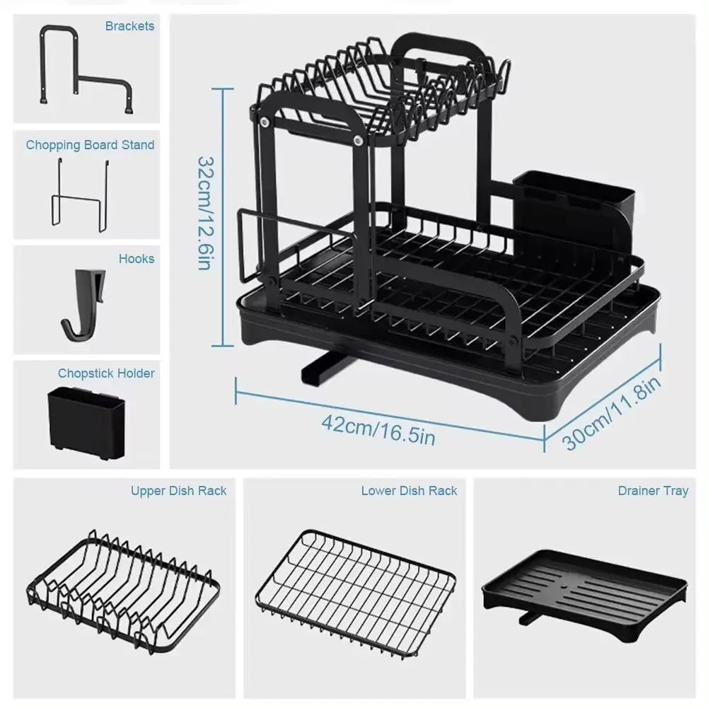 2 Tier Dish Drying Rack with Drain Basket - Kitchen Countertop Dinnerware Organizer | Dish & Bowl Drainer Storage Rack with Drainboard