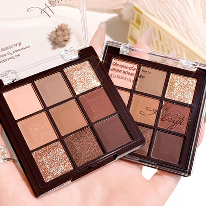 9-Color Chocolate Eyeshadow Palette – Pearl Shine, Fine Glitter, Matte Earth Tones & Highlighter Makeup