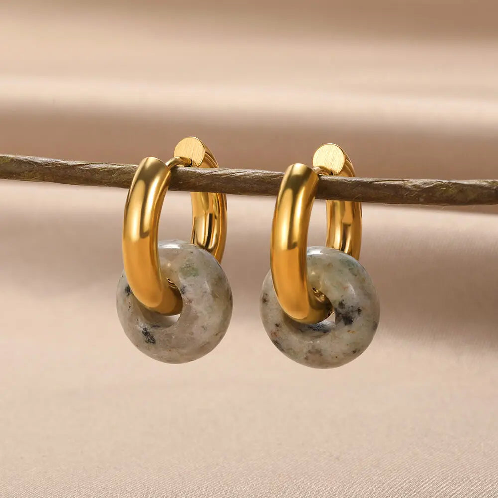 Leopard Bead Opal Stainless Steel Hoop Earrings — Gold Color, Anti-Fading Wedding & Prom Jewelry for Women, Gift Accessory