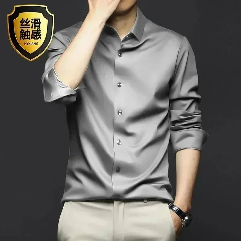 Men’s Luxury White Dress Shirt - Wrinkle-Resistant Ice Silk Glossy Long Sleeve Business Casual Shirt S-6XL