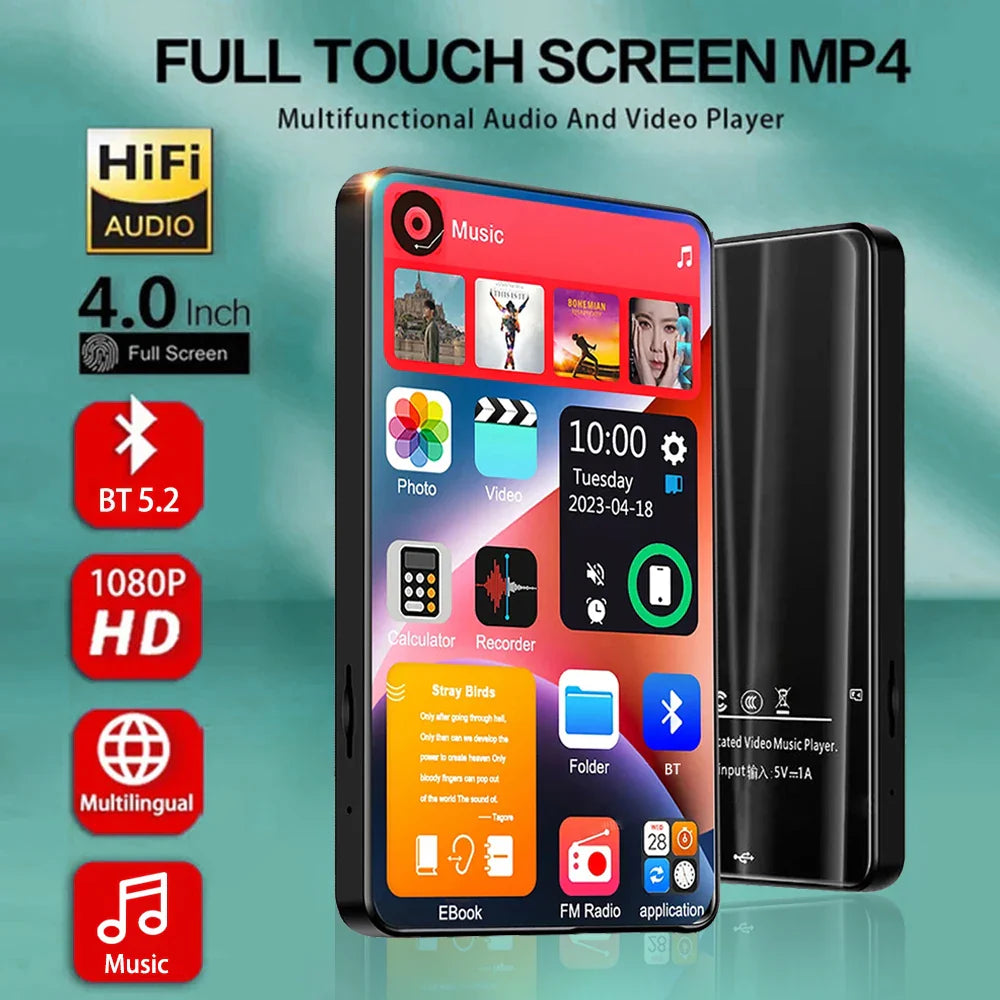 HD MP3 MP4 Player – Full Touch Screen, Bluetooth 5.2, 16GB, Built-in Speaker, Music Player, FM Radio, Recording & Ebook