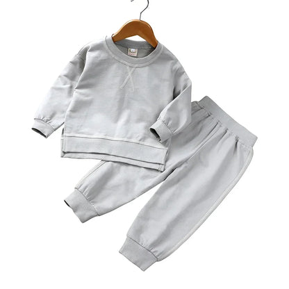 2PCS Kids Clothes Set for 1-7Y - Solid Cotton Pullover Sweatshirt & Pants, Long Sleeve Autumn Outfits for Boys & Girls