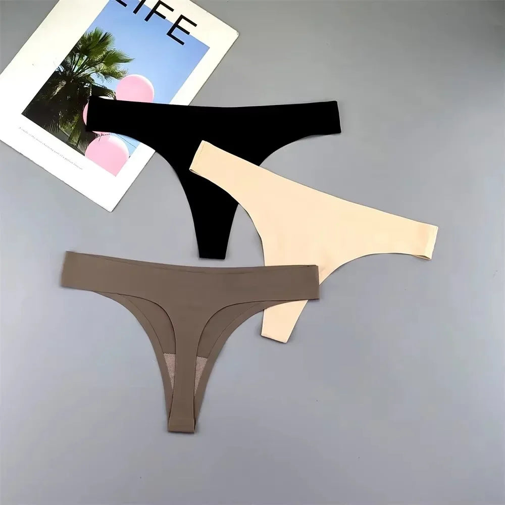 3PCS Ice Silk Seamless Thong Set for Women – Solid Low Rise Sexy G-String Sports Underwear, S-XL Sizes