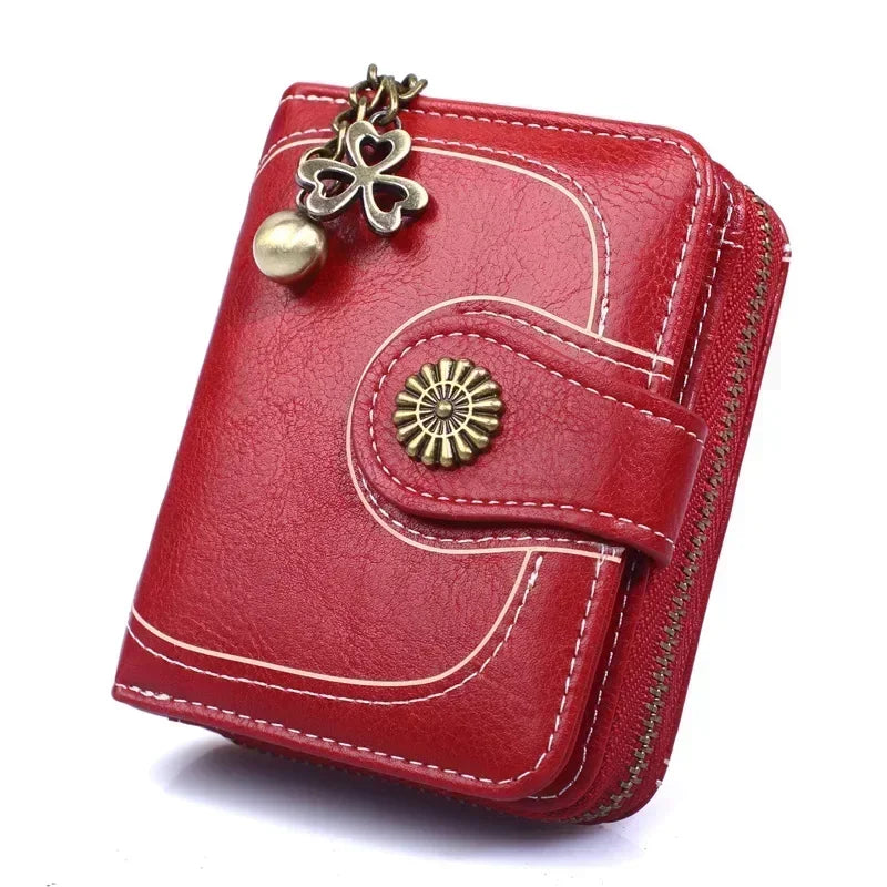 Women’s PU Leather Wallet — Short Hasp Coin & Card Holder, Small Money Bag Clutch in Blue & Red