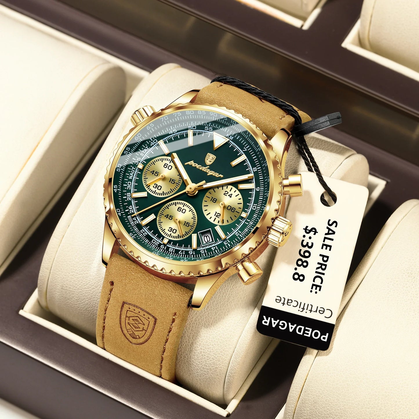 POEDAGAR Luxury Men's Quartz Watch Waterproof Luminous Date Chronograph Leather Military Sports Wristwatch