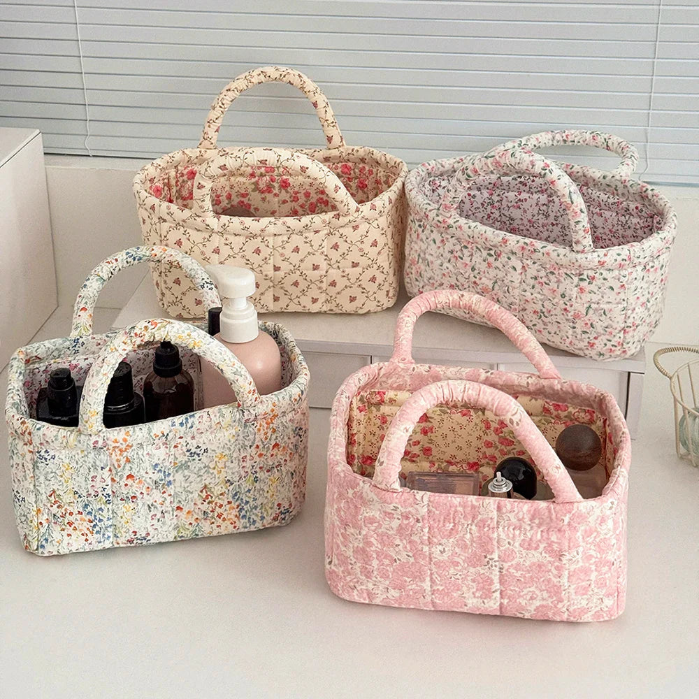 Cute Pink Flower Quilted Storage Basket with Handle – Foldable Home Organizer for Pet Toys & Room Storage
