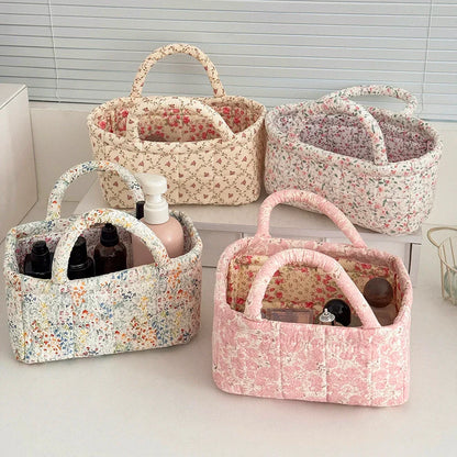Cute Pink Flower Quilted Storage Basket with Handle – Foldable Home Organizer for Pet Toys & Room Storage