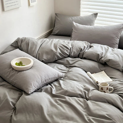 Solid Cotton Bedding Set - Sheet, Duvet Cover & Pillowcase, Single/Double/Twin/King/Queen Size