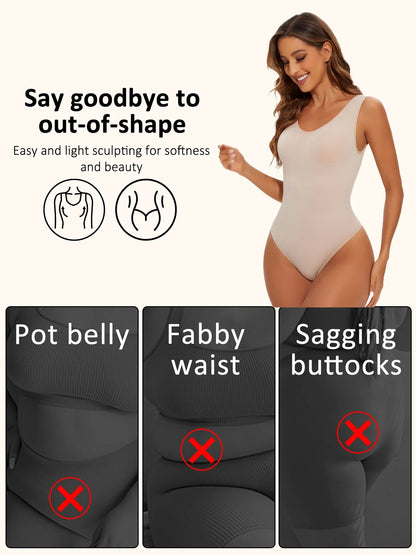 Women’s Seamless Shapewear Bodysuit – Light Tummy Control Thong Body Shaper Slimming Flat Belly Open Crotch Underwear