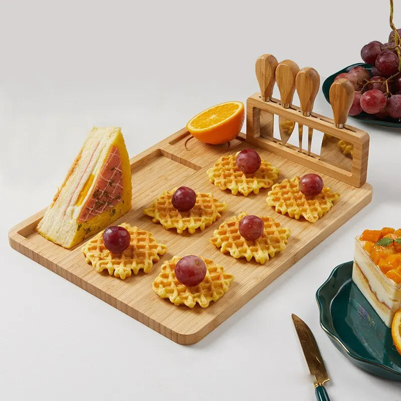 Bamboo Cheese Board Set – Square Wooden Board with Knife Holder, 4 Stainless Steel Knives & Dessert Plate