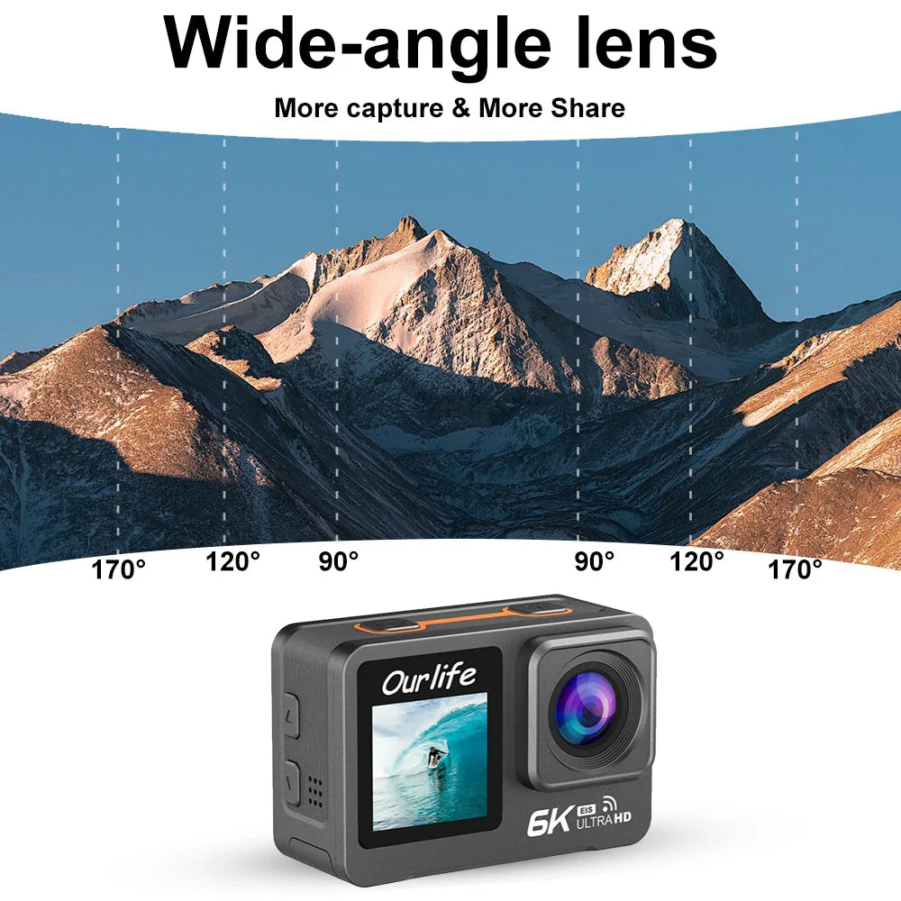 6K 4K60FPS Action Camera – 50MP Dual Screen, 2.0" Touch LCD, EIS, WiFi, 170° Lens, 30M Waterproof, 5X Zoom with Remote